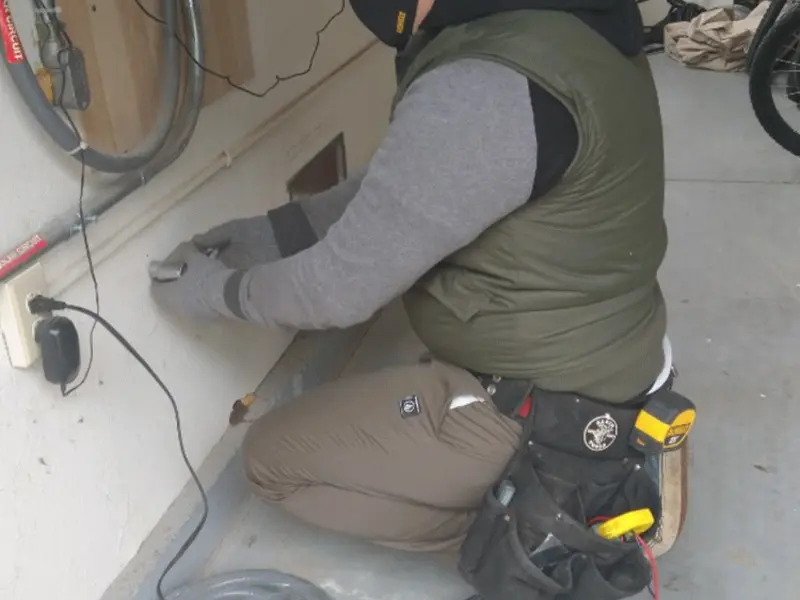 Electrician performing outlet wiring in a Newberry garage